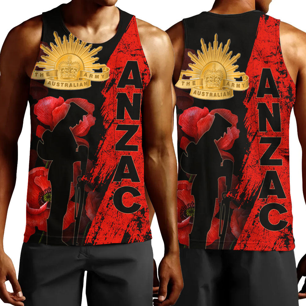 Polynesian Pride Clothing - Anzac Day Soldier Silhouette Remembrance Men Tank Top Black - Polynesian Pride