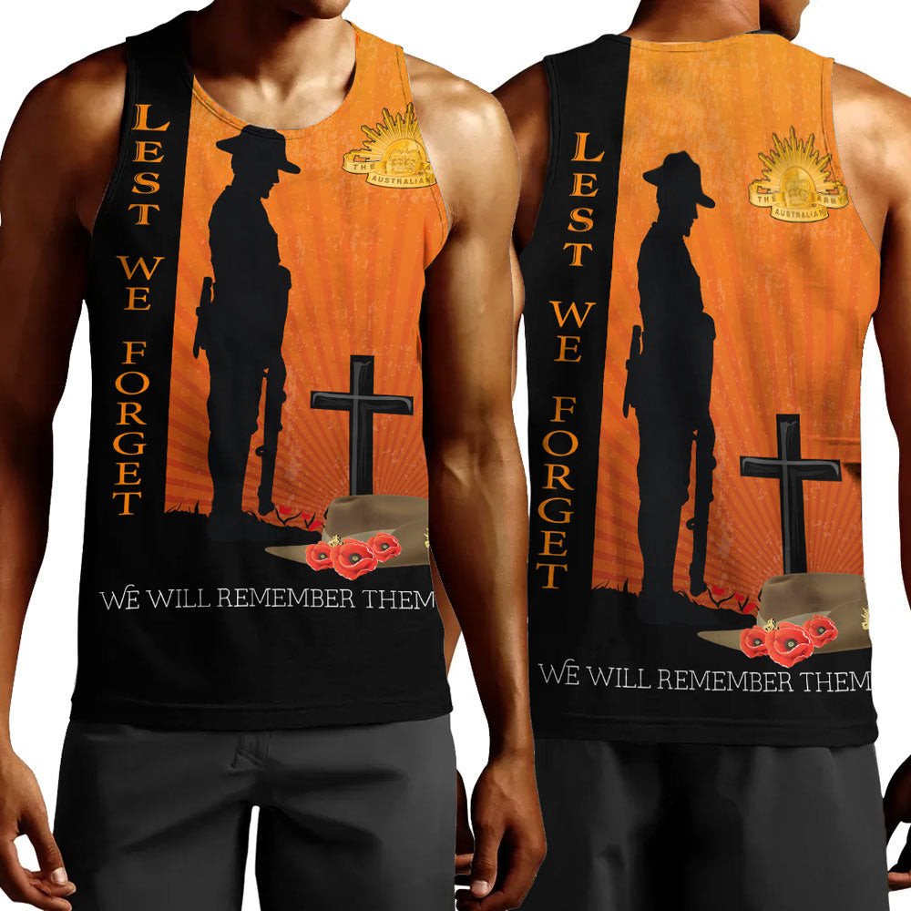 Polynesian Pride Clothing - Anzac Day Lest We Forget Soldier Standing Guard Men Tank Top Black - Polynesian Pride