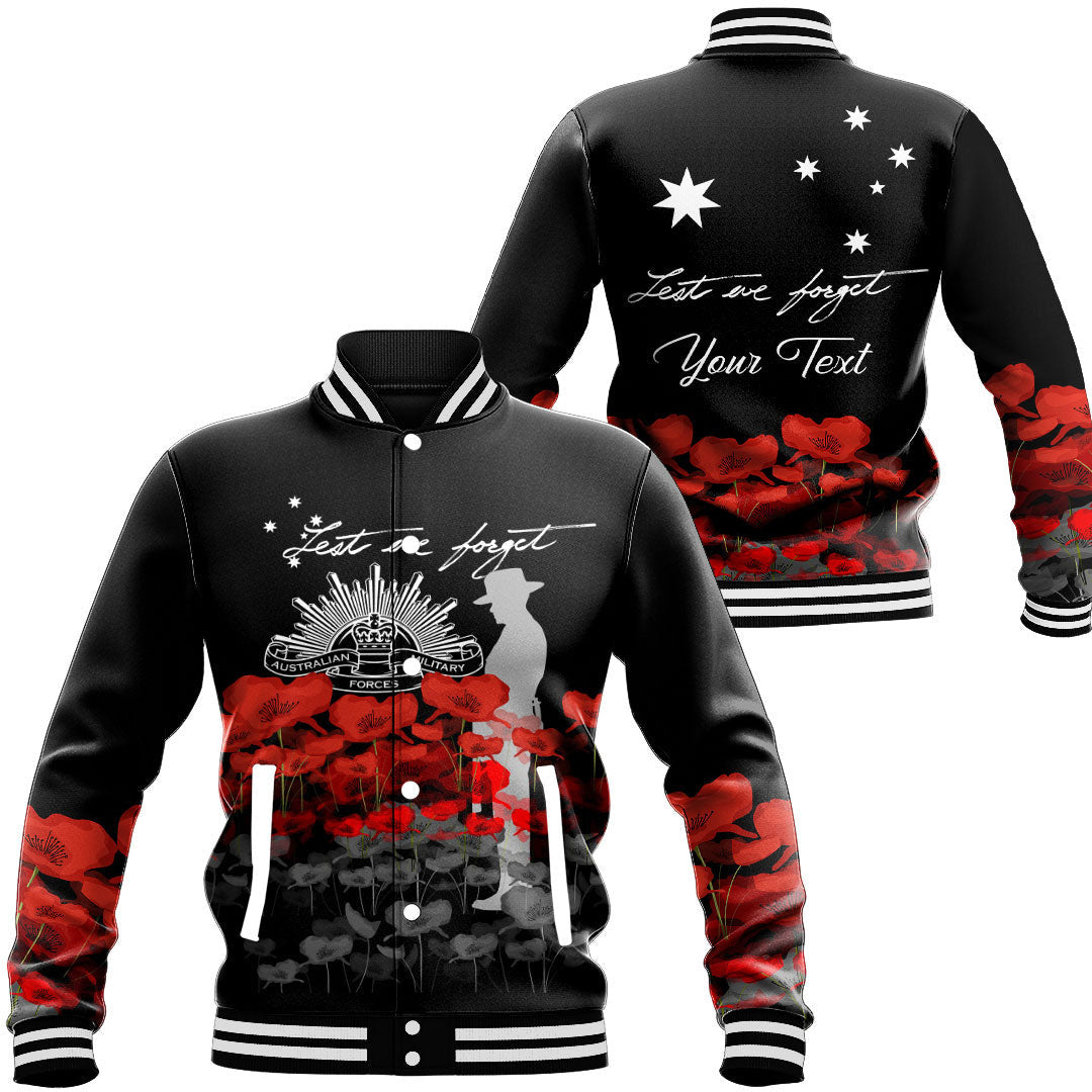 Polynesian Pride Clothing - (Custom) Australian Military Forces Anzac Day Lest We Forget Baseball Jacket Unisex Black - Polynesian Pride