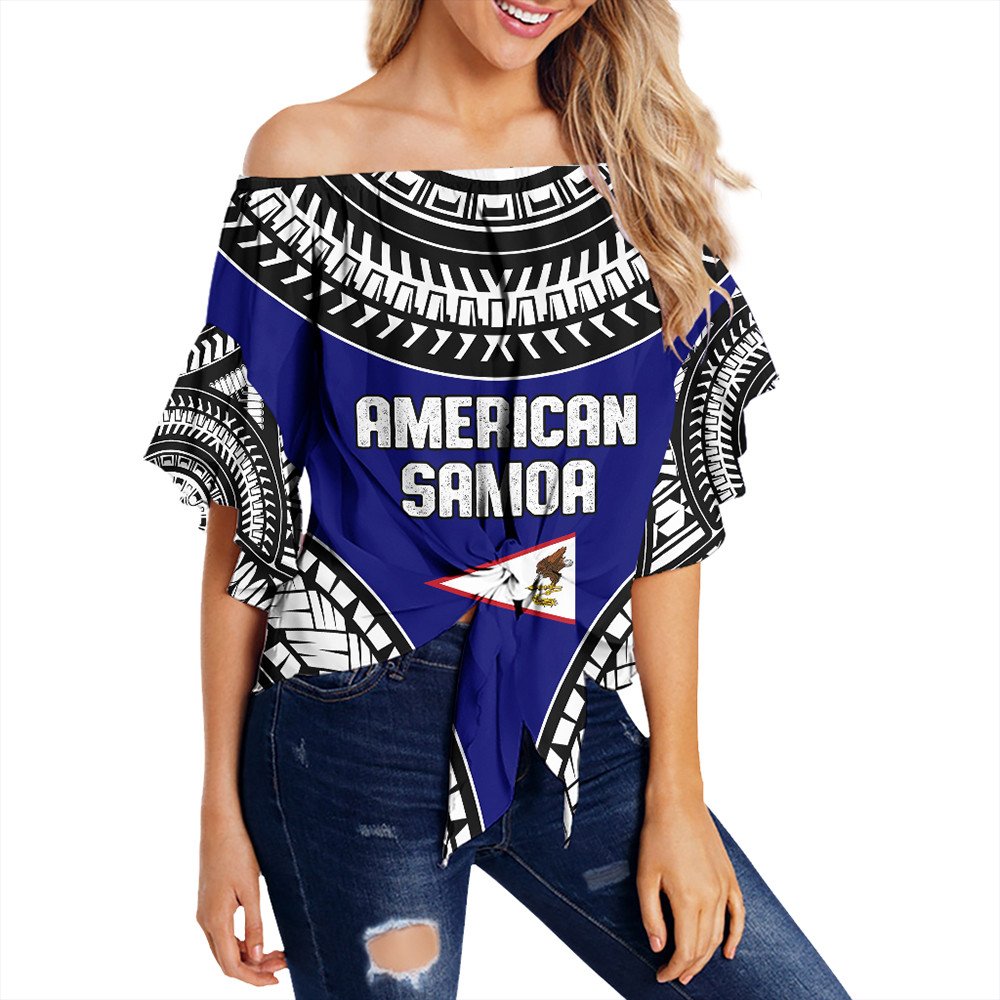 Polynesian Pride Clothing - American Samoa Tattoo Chief Off Shoulder Wrap Waist Top LT10 Women Blue - Polynesian Pride