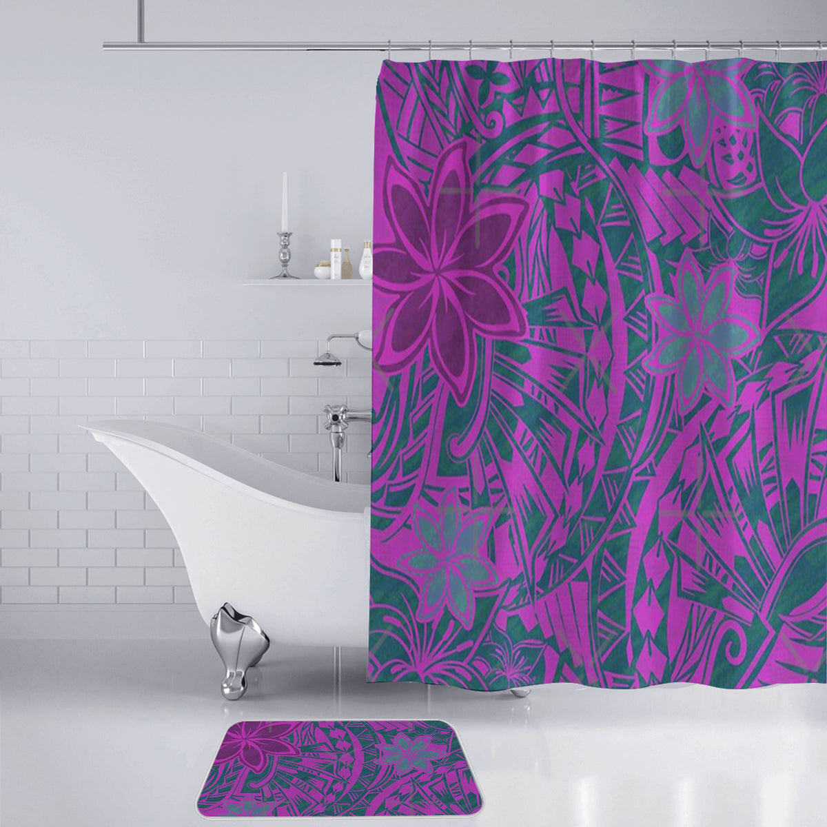 Polynesian Home Set - Polynesian Teal And Rose Tribal Floral Print Bathroom Set LT10 - Polynesian Pride
