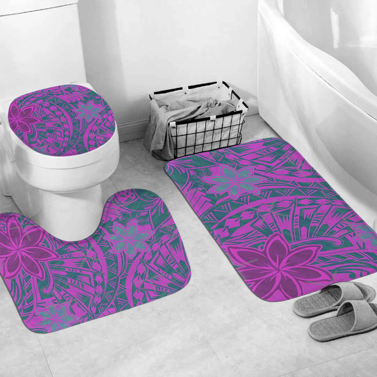 Polynesian Home Set - Polynesian Teal And Rose Tribal Floral Print Bathroom Set LT10 - Polynesian Pride