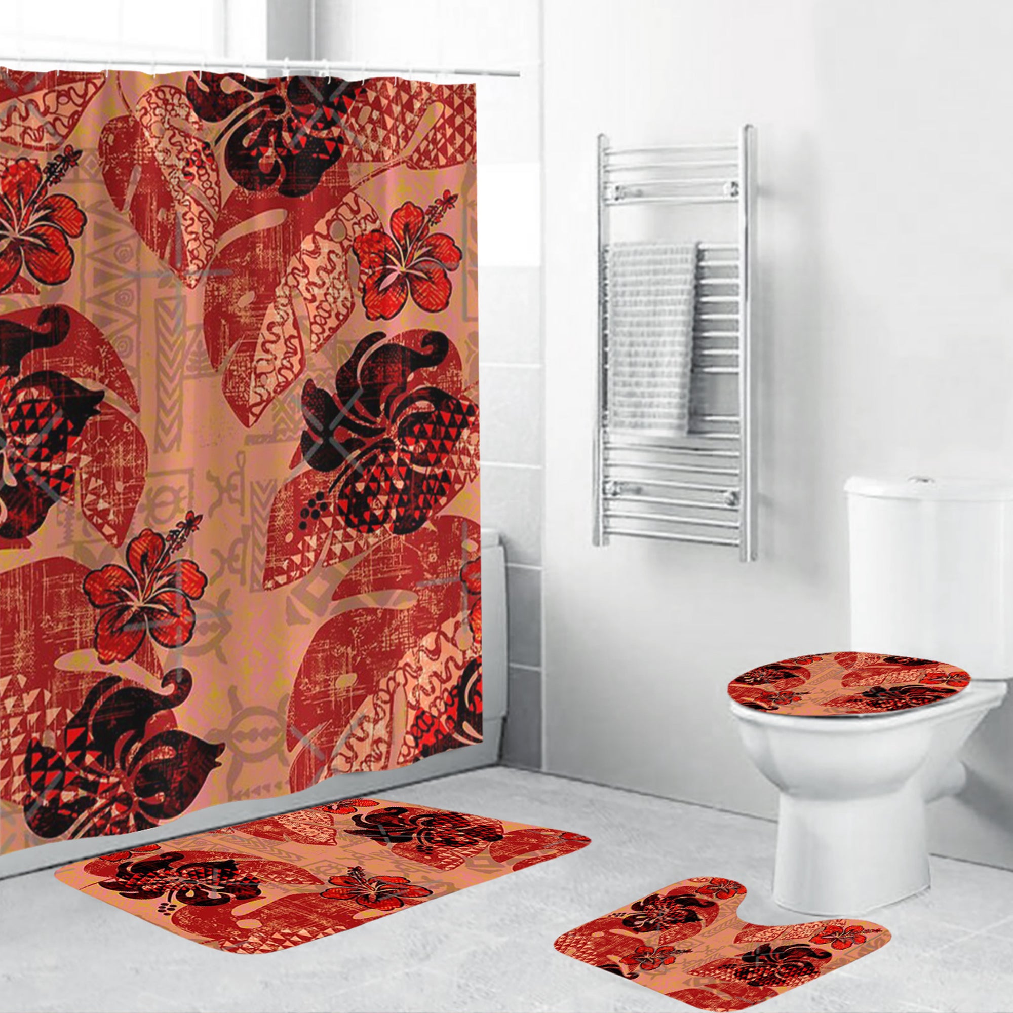 Polynesian Home Set - On Fire Kona Tropical Floral Bathroom Set LT10 Red - Polynesian Pride