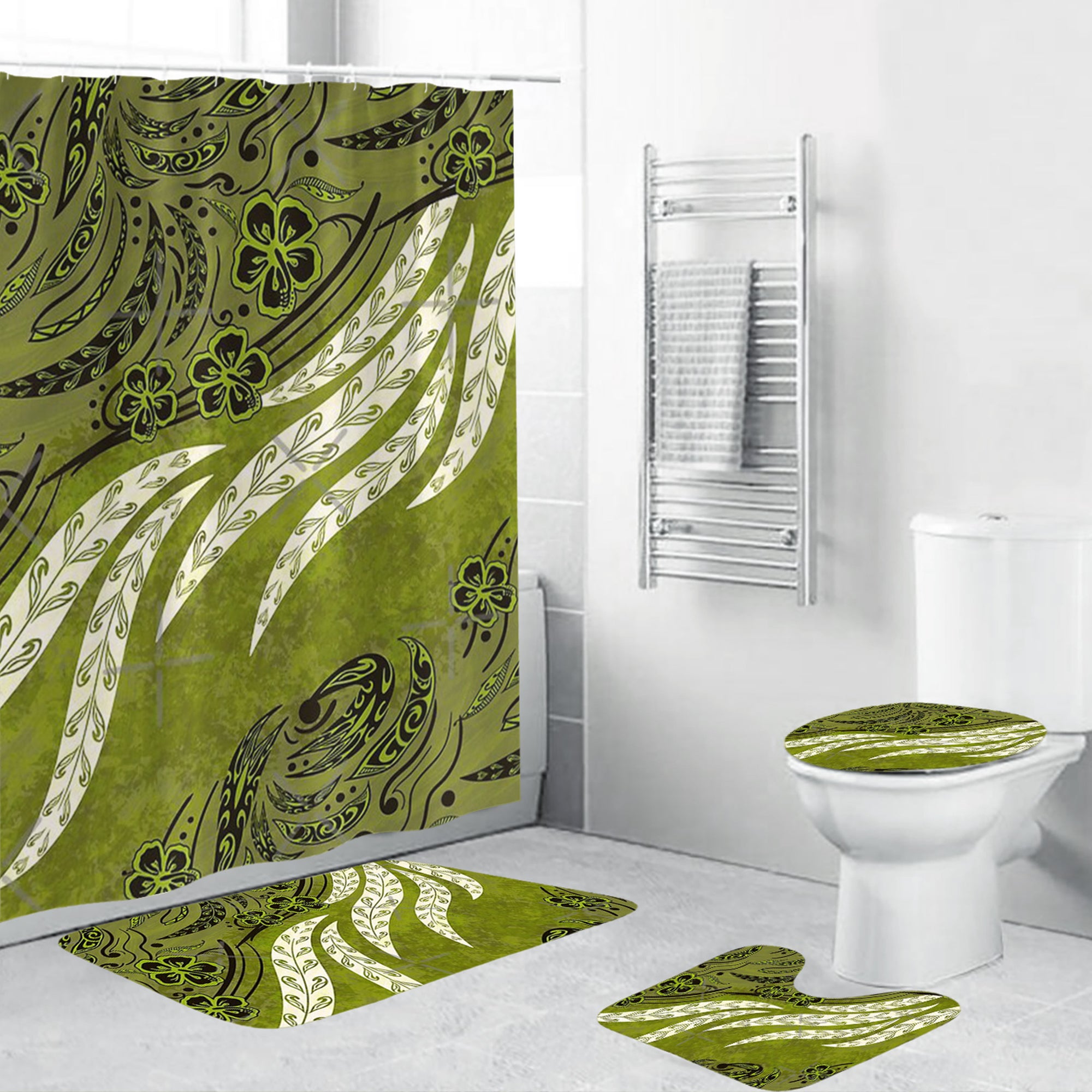 Polynesian Home Set - Tribal Olive Green Floral Splash Bathroom Set LT10 Green - Polynesian Pride