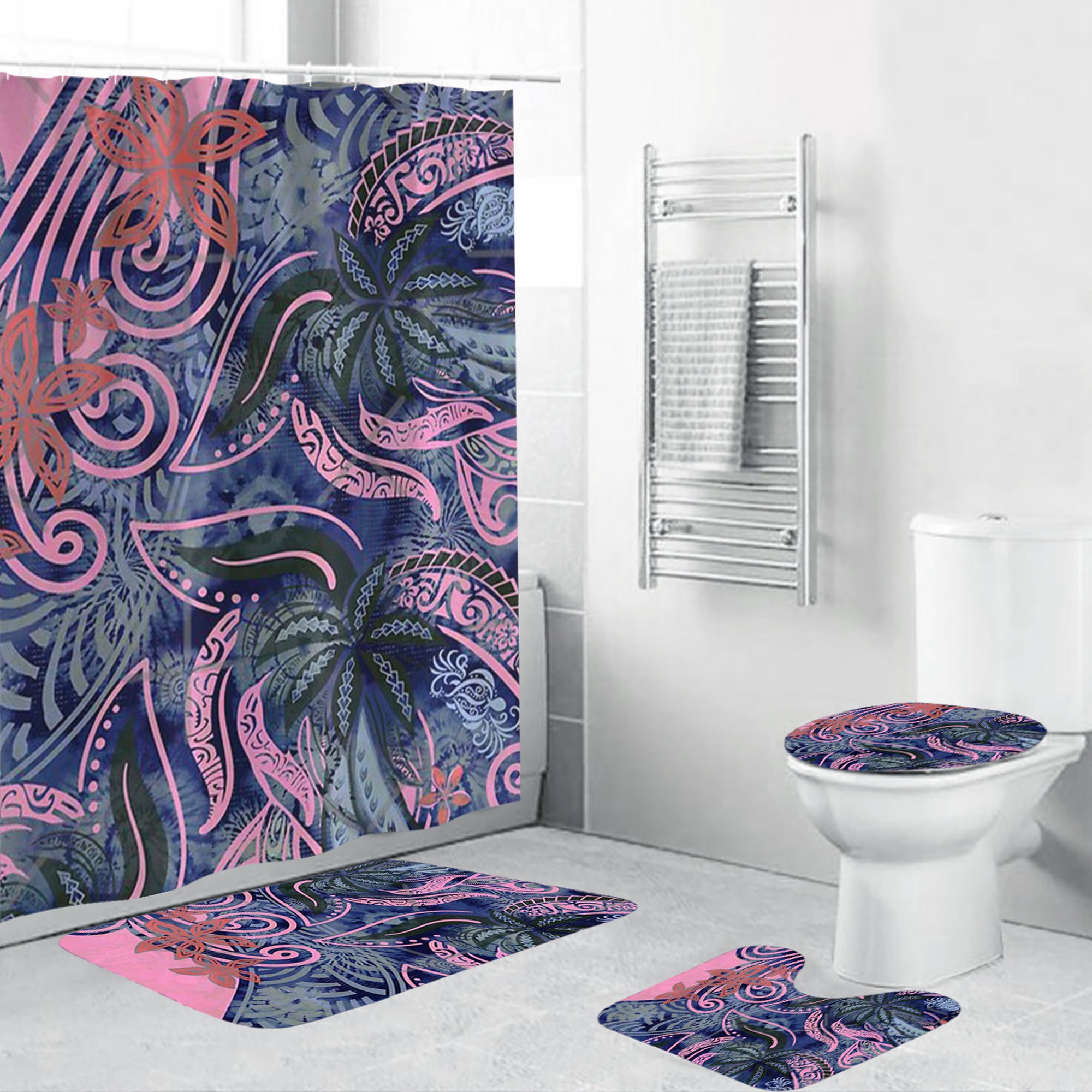 Polynesian Home Set - Polynesian Blue And Pink Tribal Floral Bathroom Set LT10 Blue - Polynesian Pride
