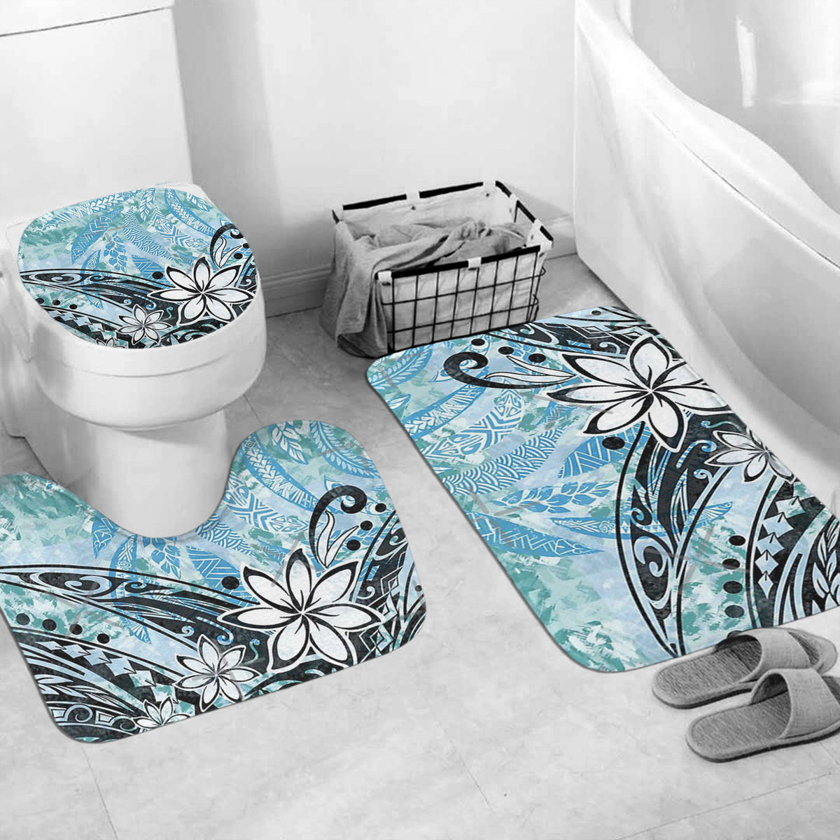 Polynesian Home Set - Ocean Blue Tribal Leaves With Black And White Overlay Bathroom Set LT10 - Polynesian Pride