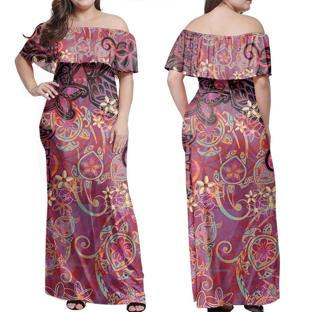 Polynesian Dress - Polynesian Turtle Collage Off Shoulder Long Dress LT10 Women Red - Polynesian Pride