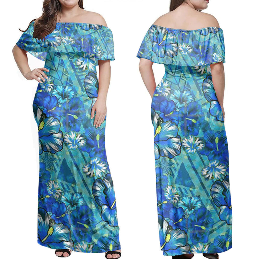 Polynesian Dress - Polynesian Old Tribal Blue Hibiscus Pattern Off Shoulder Long Dress LT10 Women Blue - Polynesian Pride