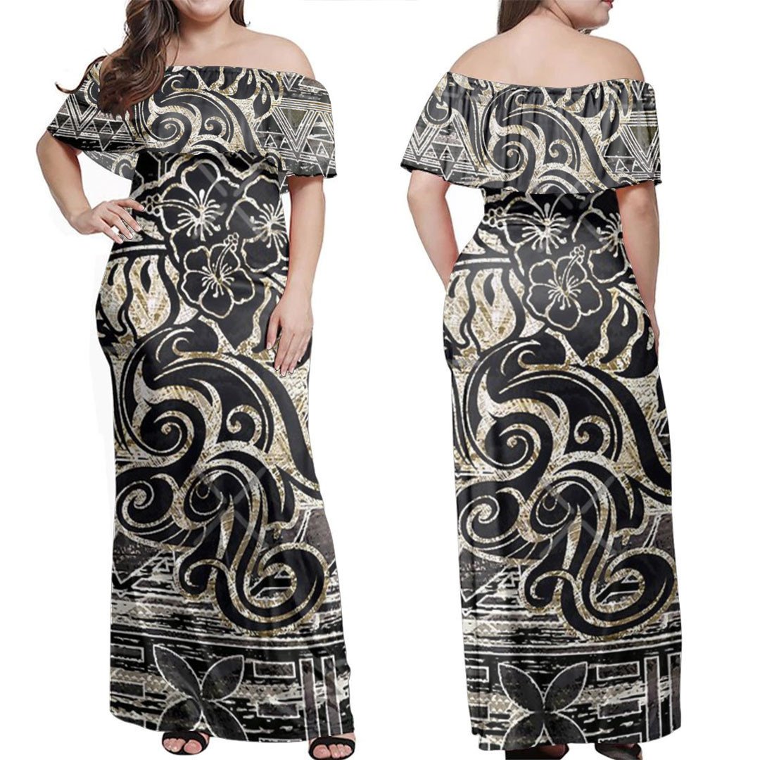 Polynesian Dress - Vintage Polynesian Black Tribal Off Shoulder Long Dress LT10 Women Black - Polynesian Pride