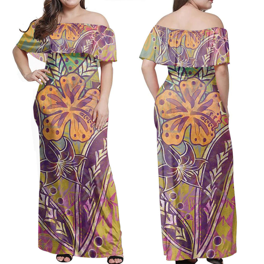 Polynesian Dress - Hibiscus Floral Tribal Watercolor Off Shoulder Long Dress LT10 Women Orange - Polynesian Pride