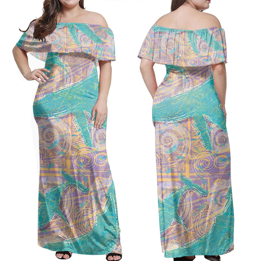 Polynesian Dress - Polynesian Whales Tapa Print Off Shoulder Long Dress LT10 Women Blue - Polynesian Pride