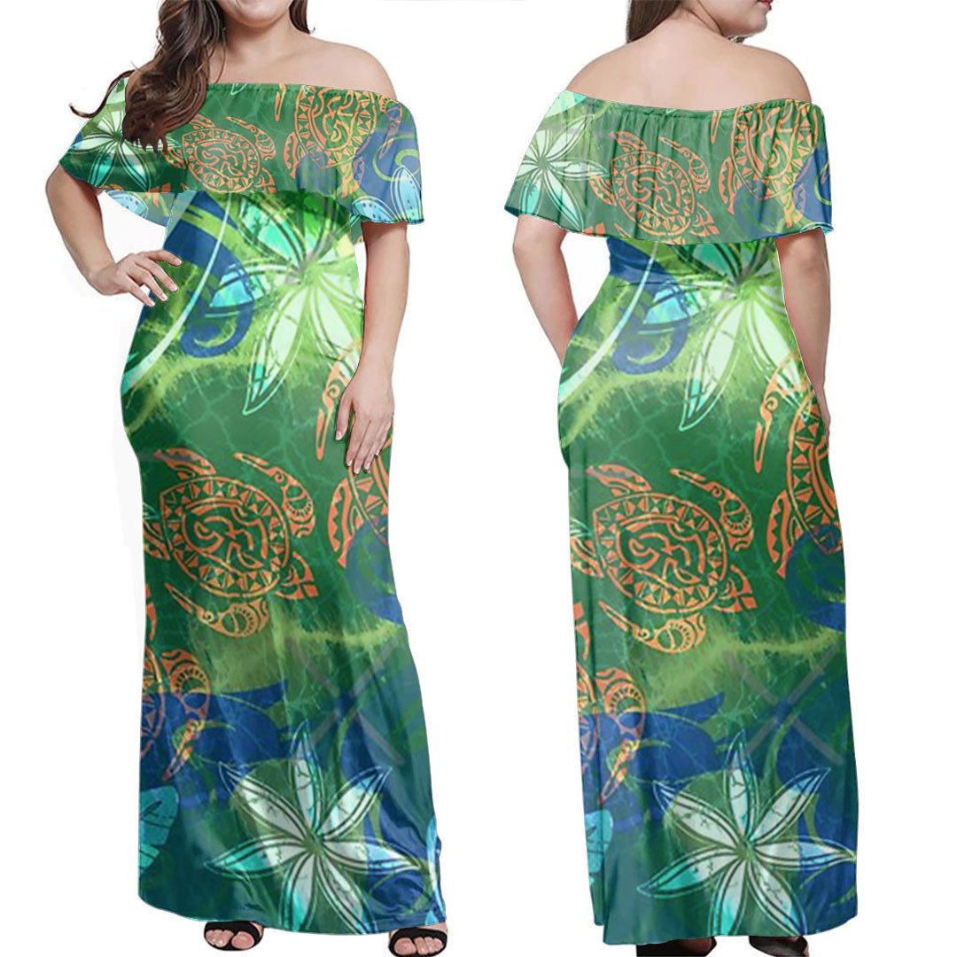 Polynesian Dress - Polynesian Wild Tribal Watercolor Dye Splash Off Shoulder Long Dress LT10 Women Green - Polynesian Pride