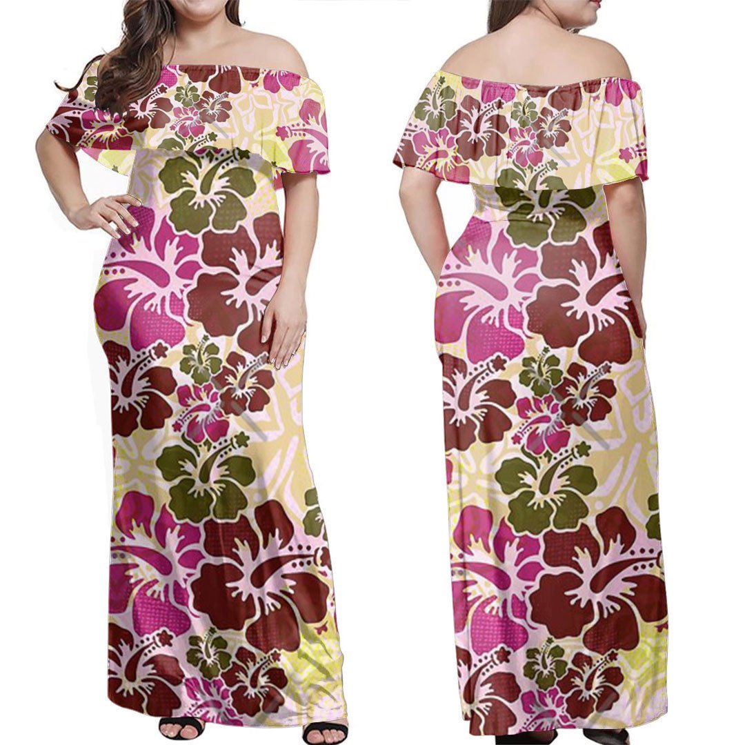 Polynesian Dress - Plum Hibiscus Pattern Off Shoulder Long Dress LT10 Women Plum - Polynesian Pride