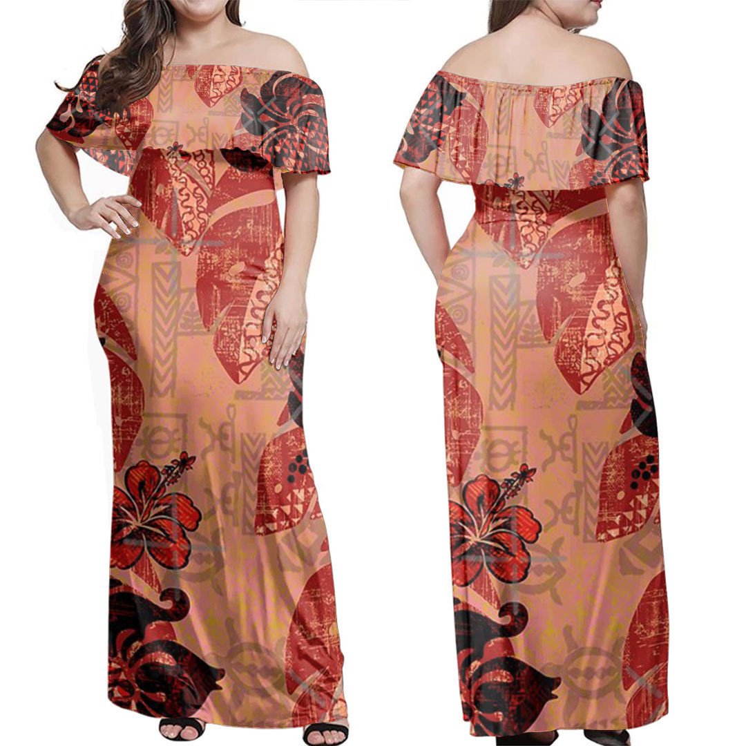 Polynesian Dress - On Fire Kona Tropical Floral Off Shoulder Long Dress LT10 Women Red - Polynesian Pride