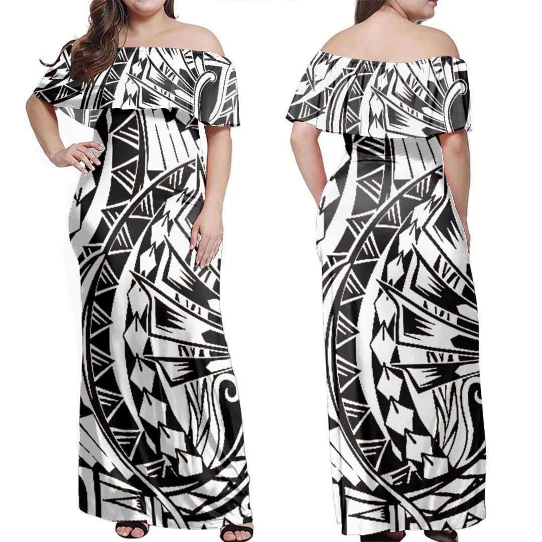 Polynesian Dress - Polynesian Charcoal Tribal Tattoos Off Shoulder Long Dress LT10 Women Gray - Polynesian Pride