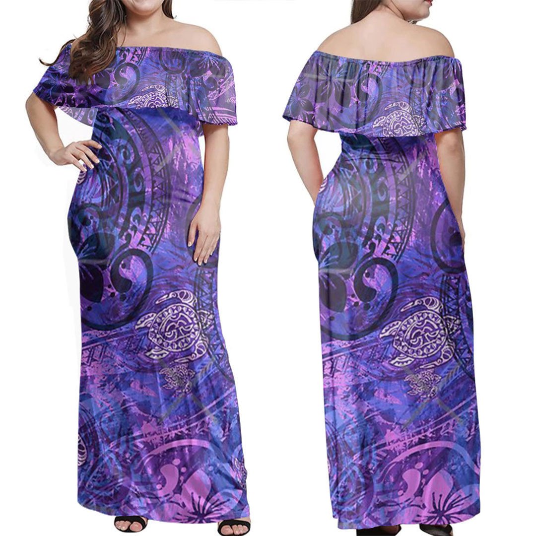 Polynesian Dress - Polynesian Painted Purples Tribal Off Shoulder Long Dress LT10 Women Purple - Polynesian Pride