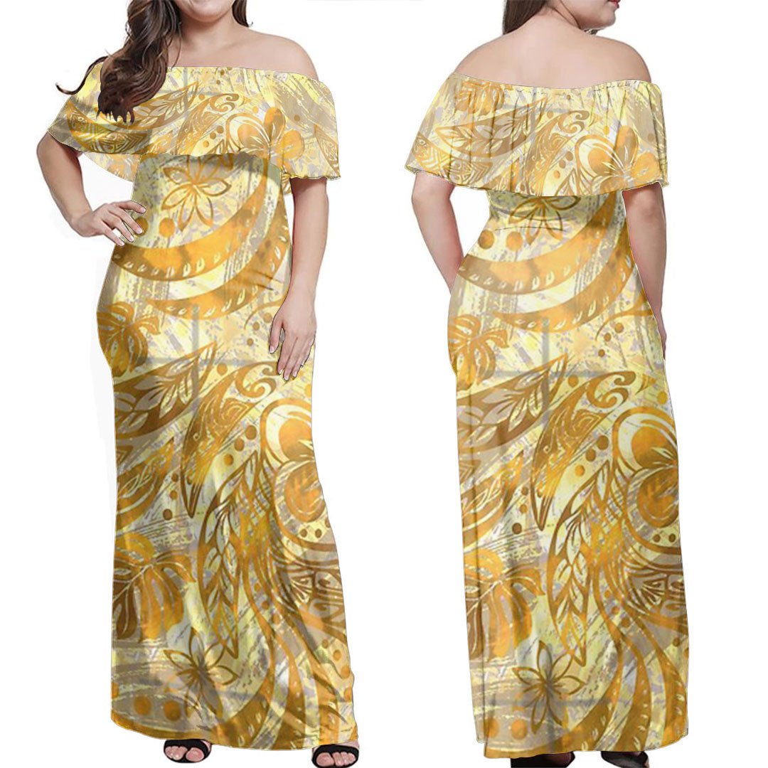 Polynesian Dress - Polynesian Painted Golden Off Shoulder Long Dress LT10 Women Yellow - Polynesian Pride