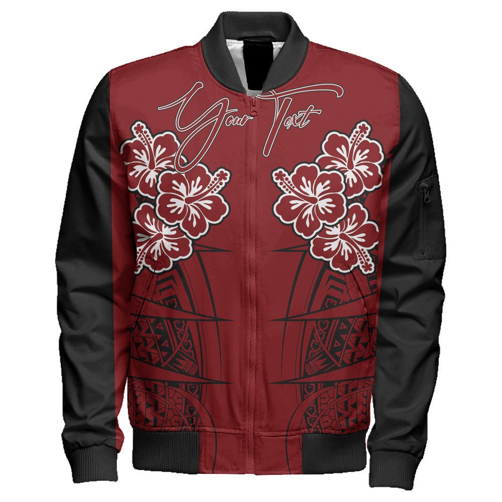 Polynesian Pride Jacket - Personalized Hawaii Spearhead Hibiscus Polynesian Sleeve Zip Bomber Jacket LT10 Unisex Red - Polynesian Pride