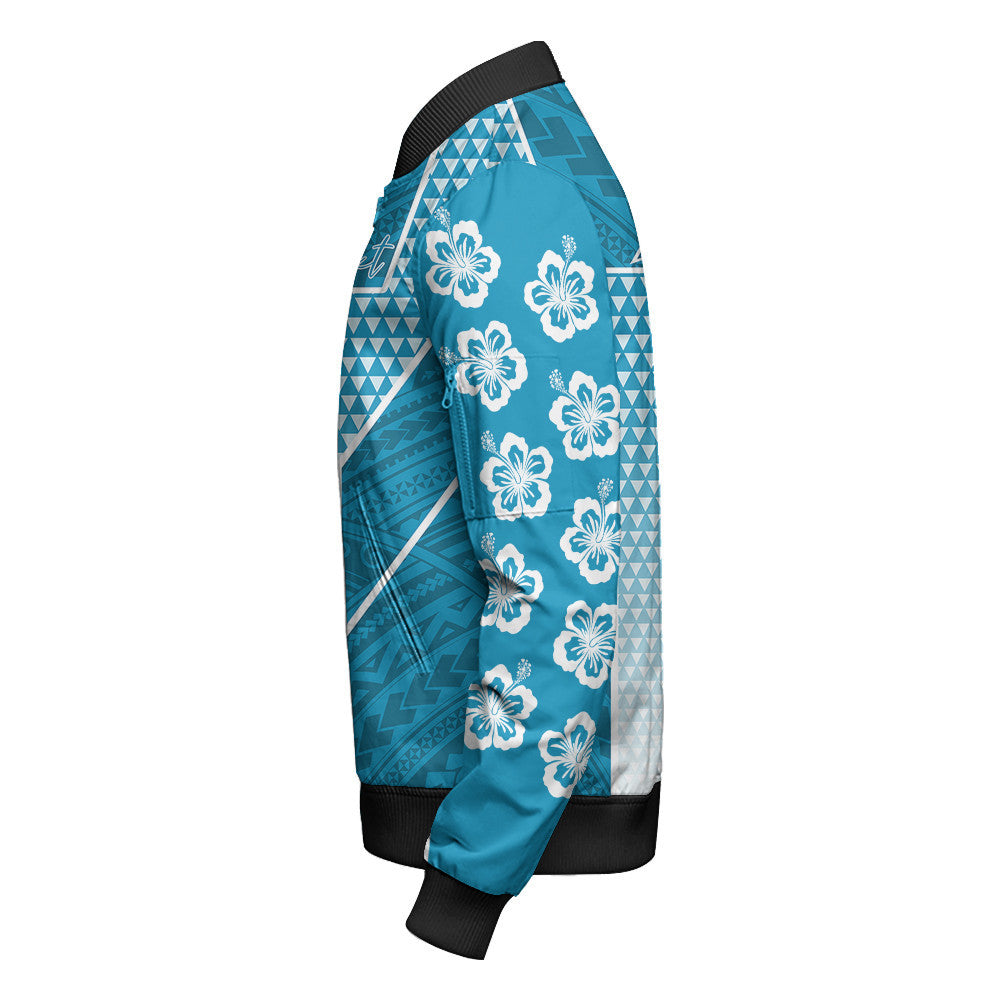 Polynesian Pride Jacket - Personalized Kakau Hawaii Polynesian Blue Gradient Sleeve Zip Bomber Jacket LT10 - Polynesian Pride