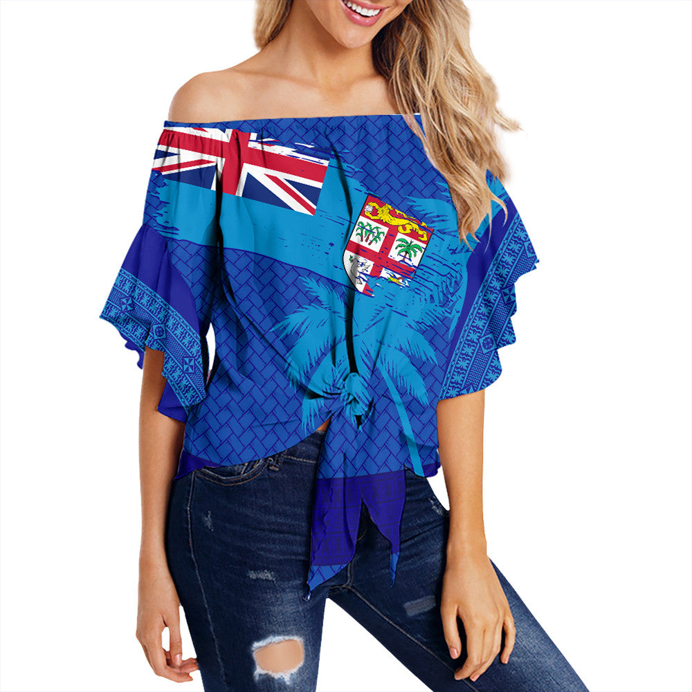 Polynesian Pride Clothing - Fiji Palm Tree Coat Of Arms Off Shoulder Wrap Waist Top LT10 Women Blue - Polynesian Pride