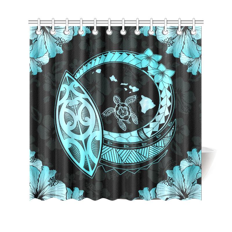 Hawaii Hibiscus Map Hidden Polynesian Turquoise Turtle Shower Curtain 177 x 172 (cm) Turquoise - Polynesian Pride