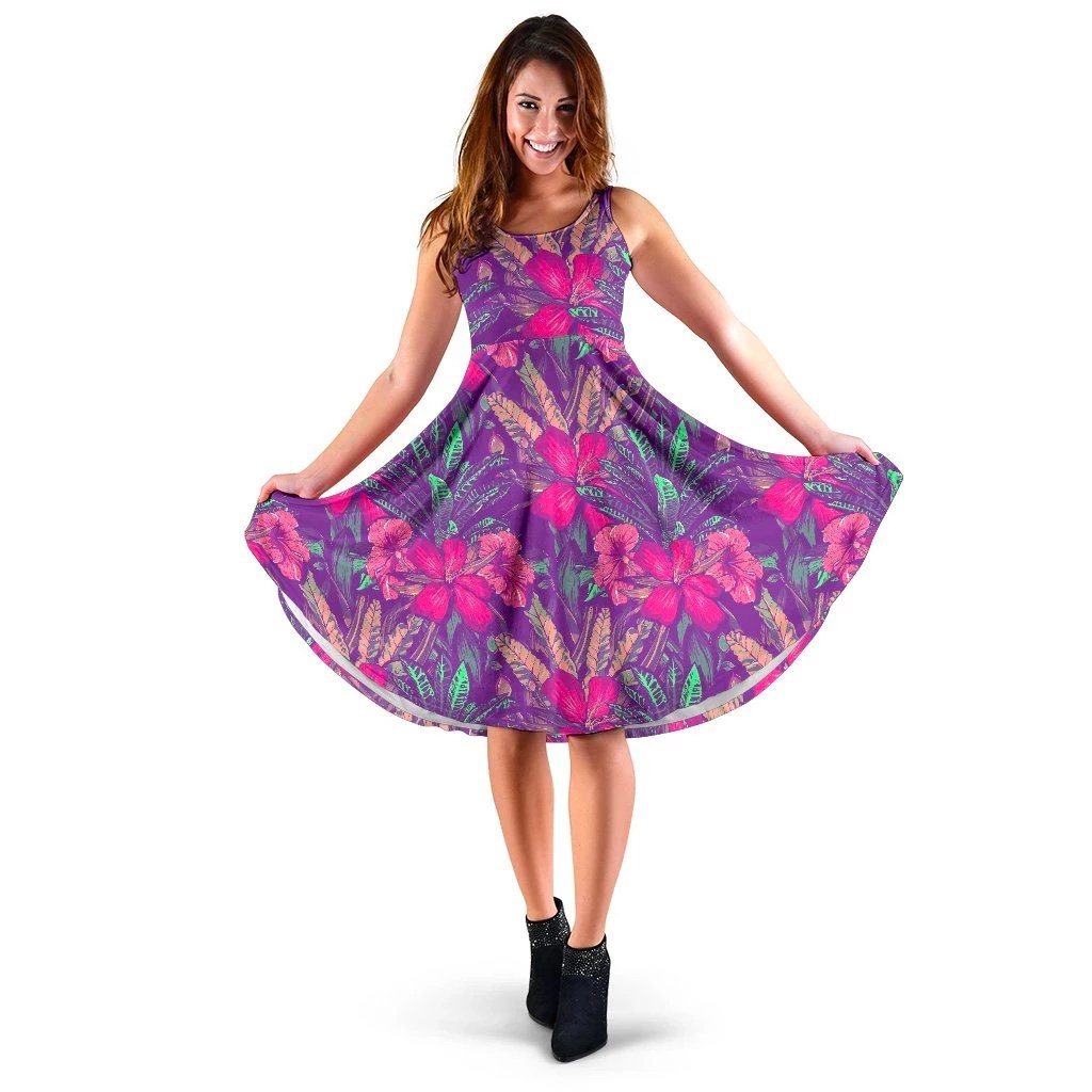 Hawaii Tropical Hibiscus Purple Midi Dress Midi Dress Pink - Polynesian Pride