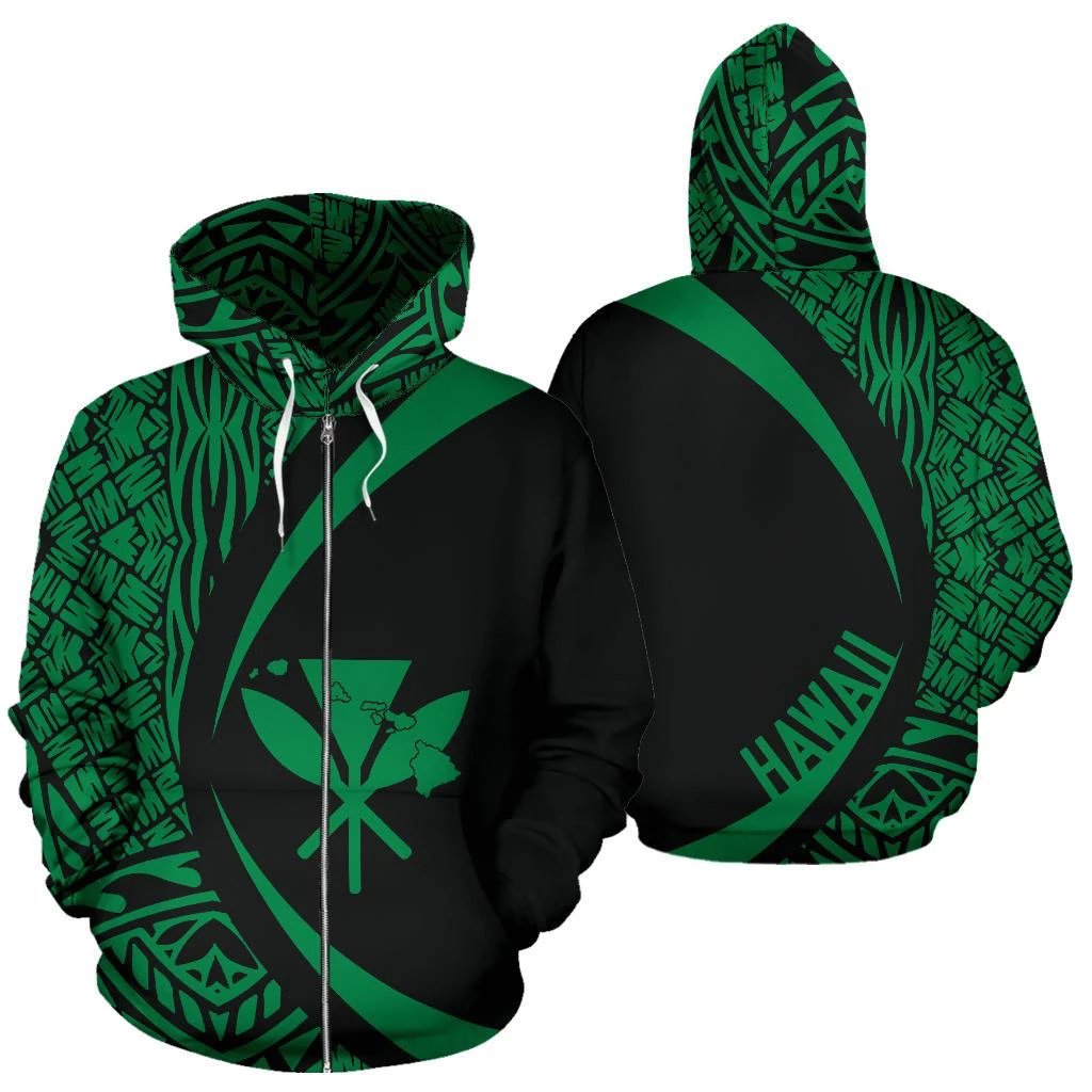 Kanaka Hawaii Map Green Polynesian Zip up Hoodie Circle Style Unisex Green - Polynesian Pride