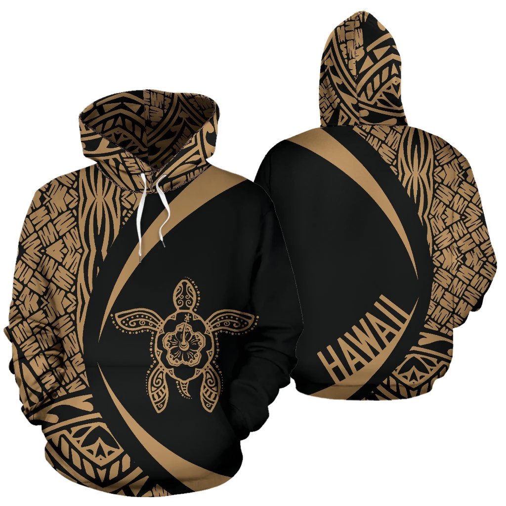Hawaii Turtle Polynesian Hoodie Circle Style Golden Color Unisex White - Polynesian Pride
