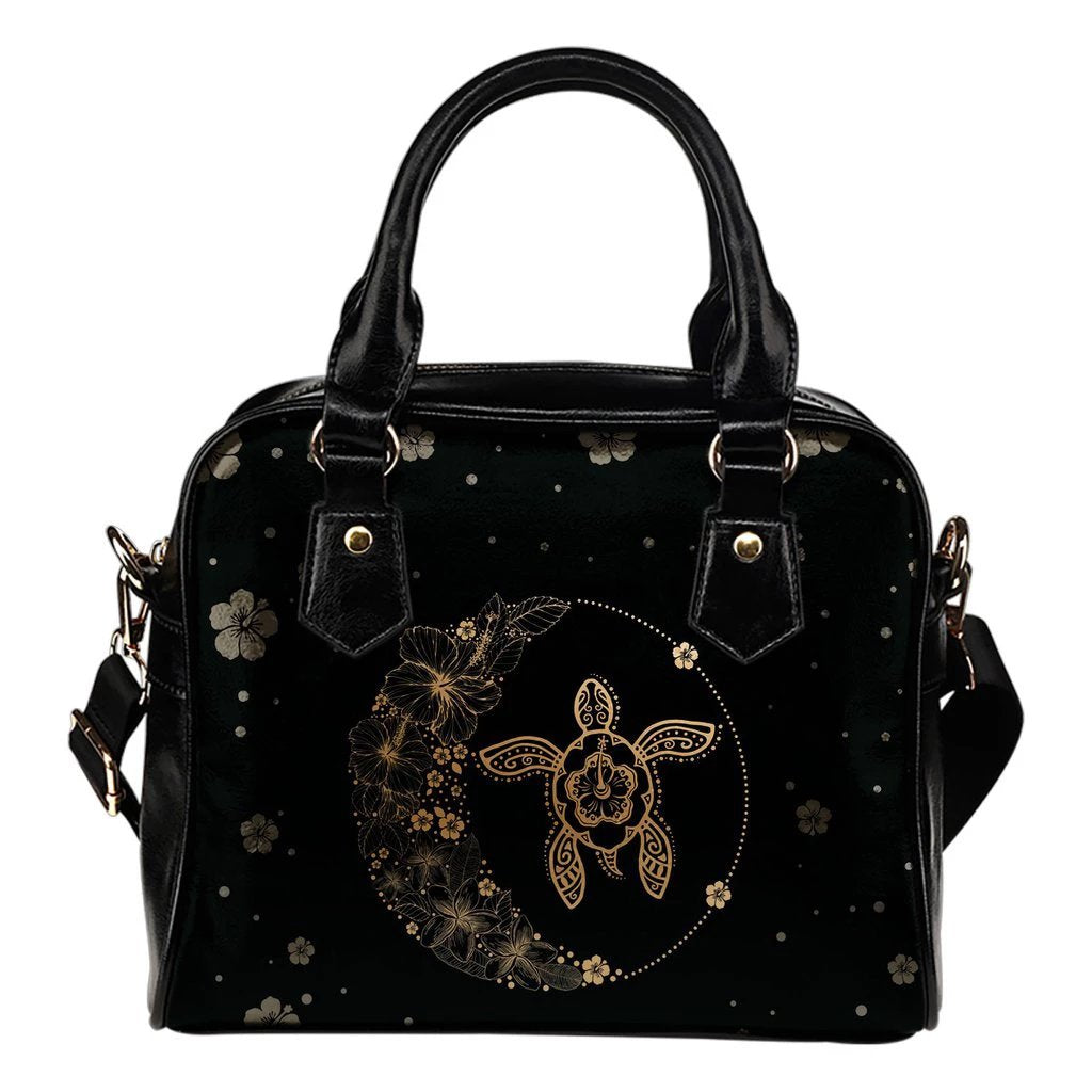 Hawaii Turtle Hibiscus Black And Gold Shoulder Handbag One Size Black And Gold - Polynesian Pride