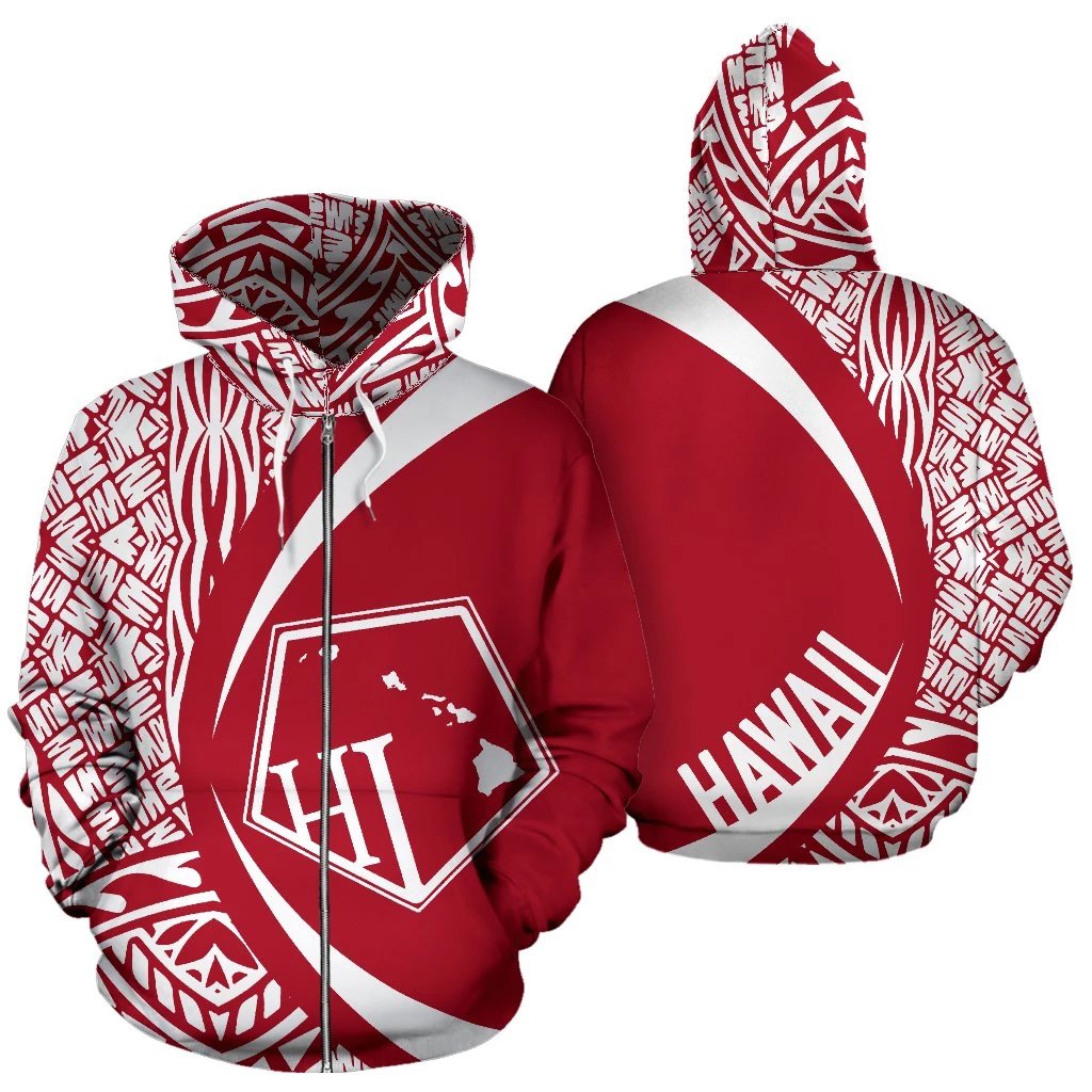 Hawaii Polynesian Zip up Hoodie Tribal White and Red Color Circle Style Unisex Red - Polynesian Pride