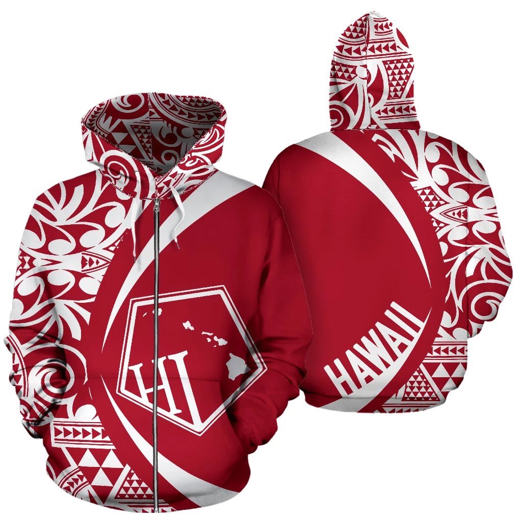 Hawaii Polynesian Zip up Hoodie Tribal White and Red Color Circle Style Unisex Red - Polynesian Pride