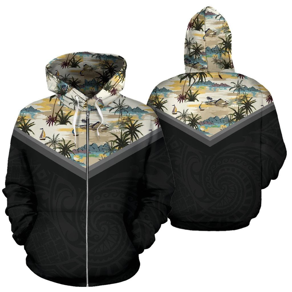 Hawaii Vintage Pattern Zip up Hoodie Painted Picture Unisex Black - Polynesian Pride