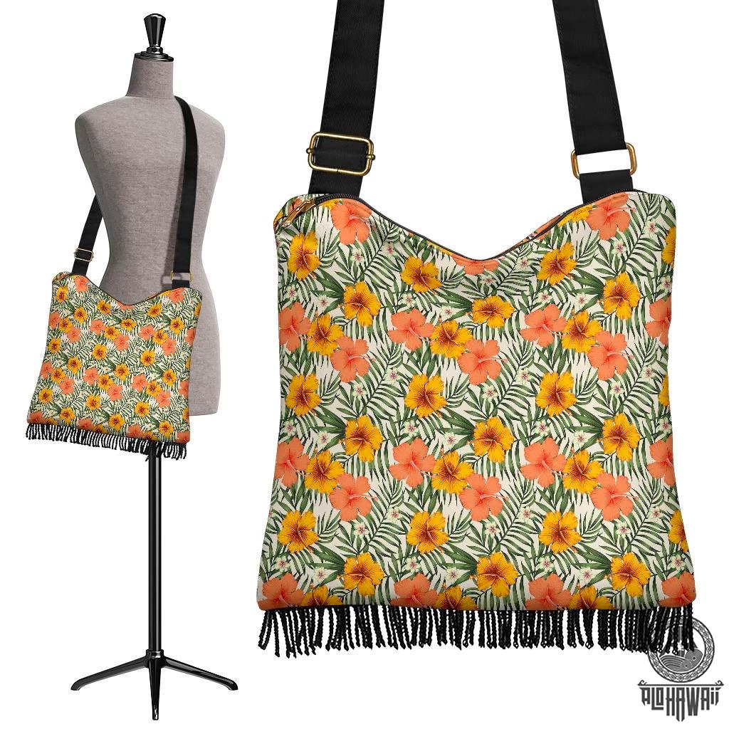 Hawaii Tropical Flowers Hibiscus Pink Yellow Crossbody Boho Handbag Crossbody Boho Handbag One Size Yellow - Polynesian Pride