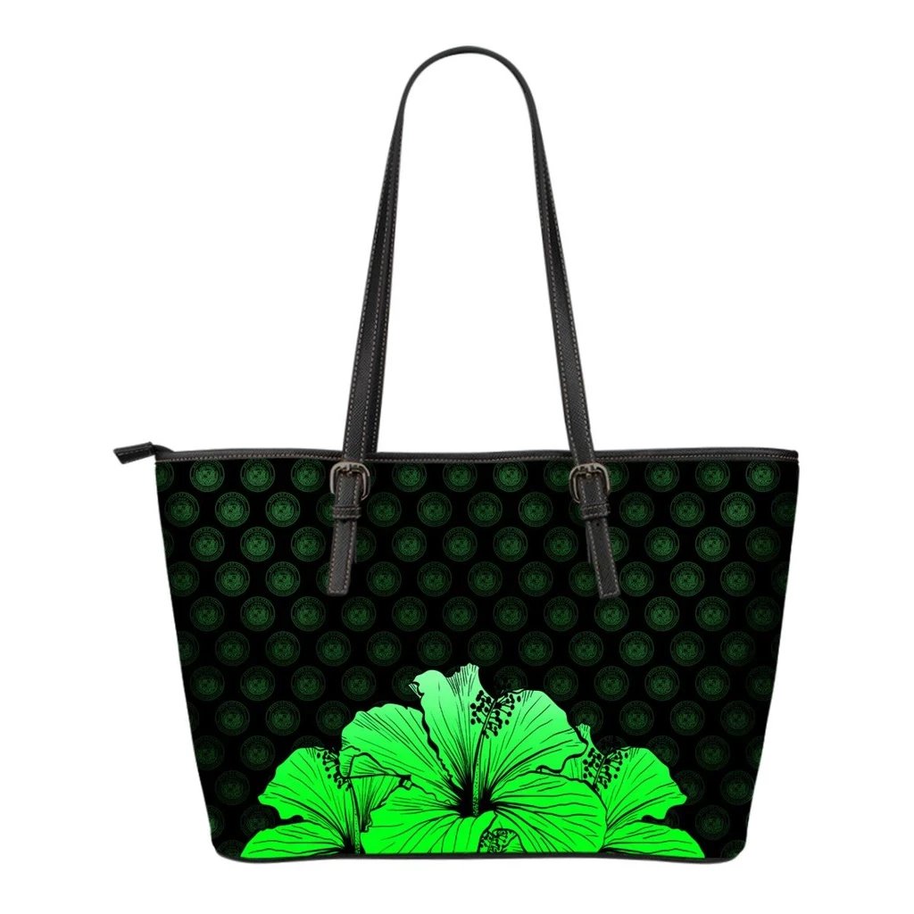 Hawaii Hibiscus Small Leather Tote Green - Rich Style Green - Polynesian Pride