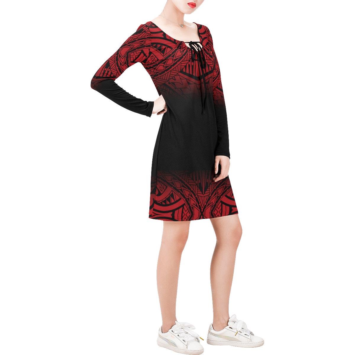 Polynesia Long Sleeve String Tie Dress - Fog Red Women Red - Polynesian Pride