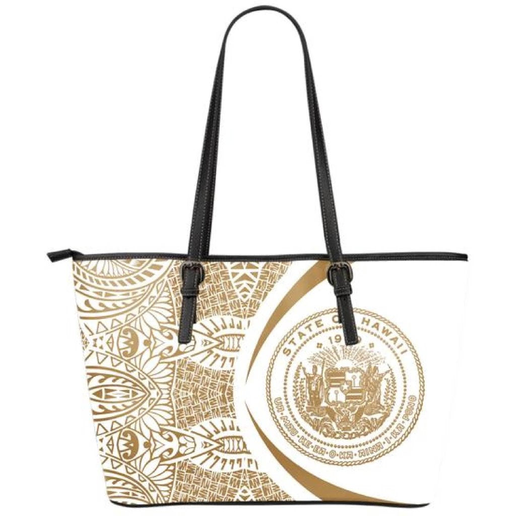 Hawaii Coat Of Arms Polynesian Large Leather Tote - Circle Style - Gold And White Gold - Polynesian Pride