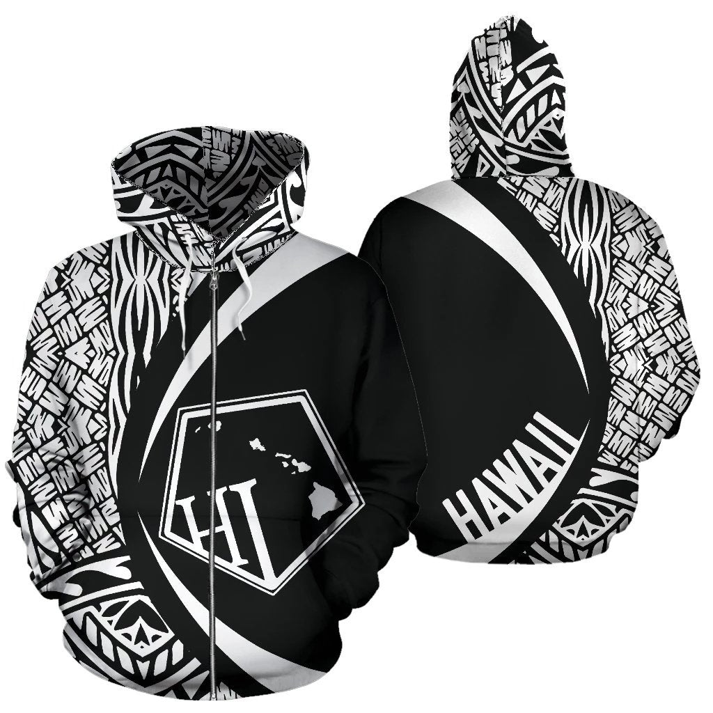 Hawaii Polynesian Zip up Hoodie Tribal White Color Circle Style Unisex White - Polynesian Pride