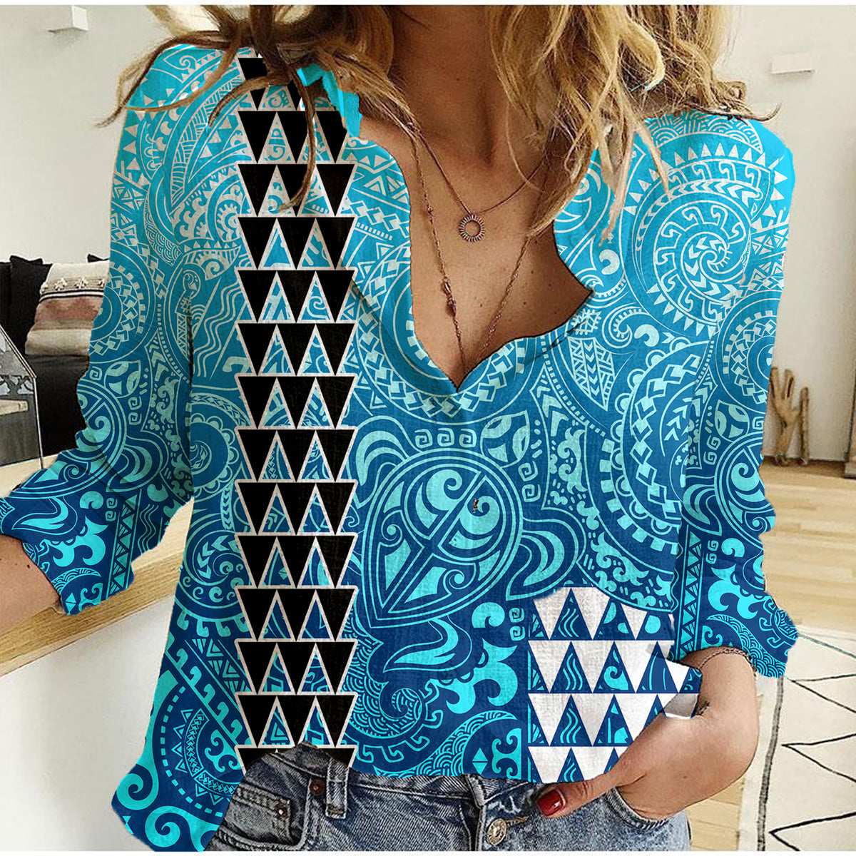 Hawaii Tribal Kakau Women Casual Shirt LT9 Female Blue - Polynesian Pride