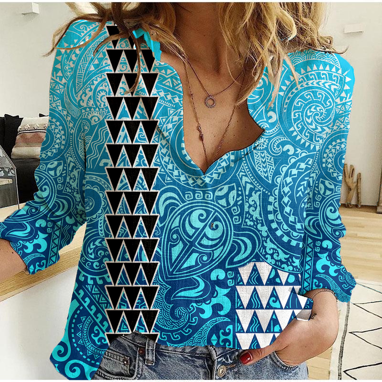 Hawaii Tribal Kakau Women Casual Shirt LT9 Female Blue - Polynesian Pride