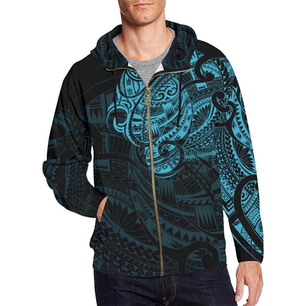 Maori Tattoo Style All Over Zip Hoodie Blue Version Unisex Blue - Polynesian Pride