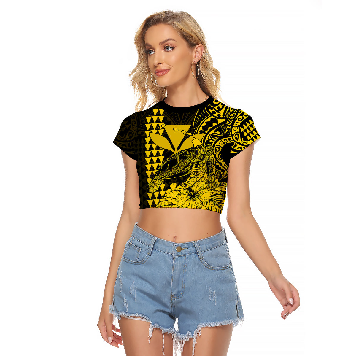 (Custom Personalised) Kakau Polynesian Tribal Hawaiian Turtle with Kanaka Maoli Yellow Raglan Cropped T Shirt LT9 Female Yellow - Polynesian Pride