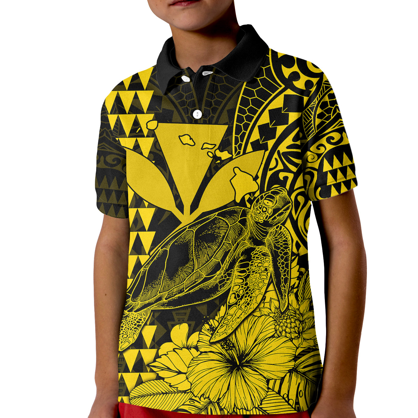 (Custom Personalised) Kakau Polynesian Tribal Hawaiian Turtle with Kanaka Maoli Yellow Kid Polo Shirt LT9 Kid Yellow - Polynesian Pride