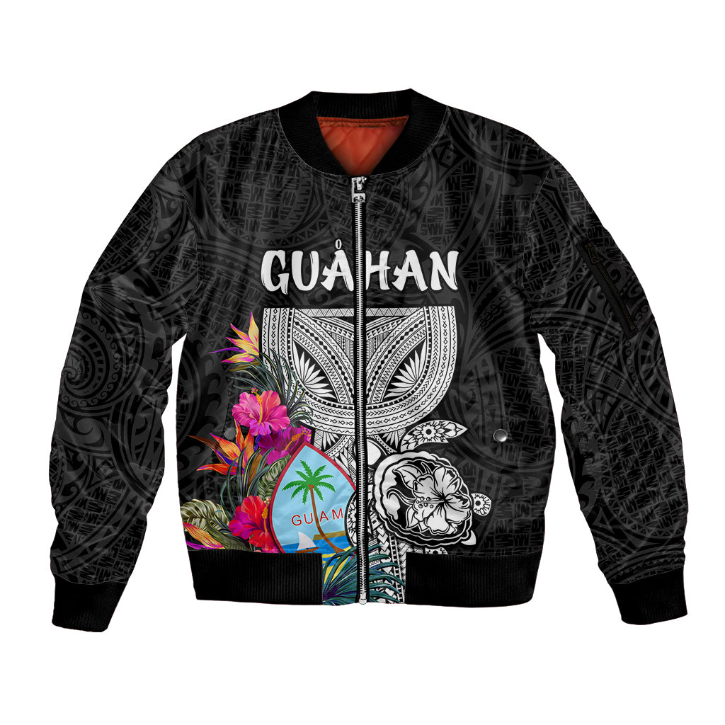 (Custom Personalised) Guam Tribal Latte Stone Tropical Sleeve Zip Bomber Jacket LT9 Unisex Black - Polynesian Pride