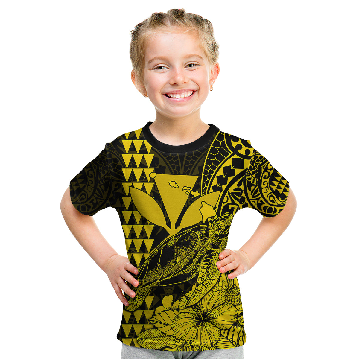 (Custom Personalised) Kakau Polynesian Tribal Hawaiian Turtle with Kanaka Maoli Yellow Kid T Shirt LT9 - Polynesian Pride