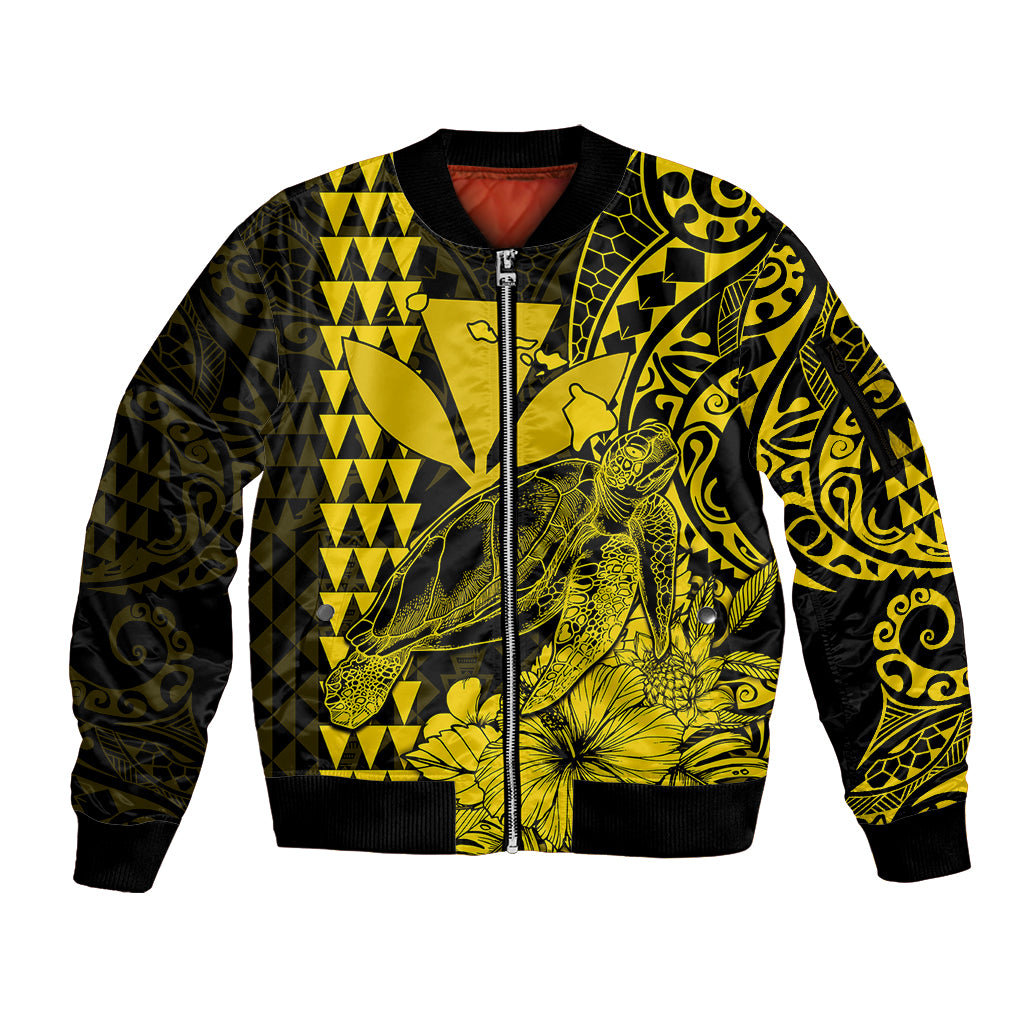 (Custom Personalised) Kakau Polynesian Tribal Hawaiian Turtle with Kanaka Maoli Yellow Sleeve Zip Bomber Jacket LT9 Unisex Yellow - Polynesian Pride