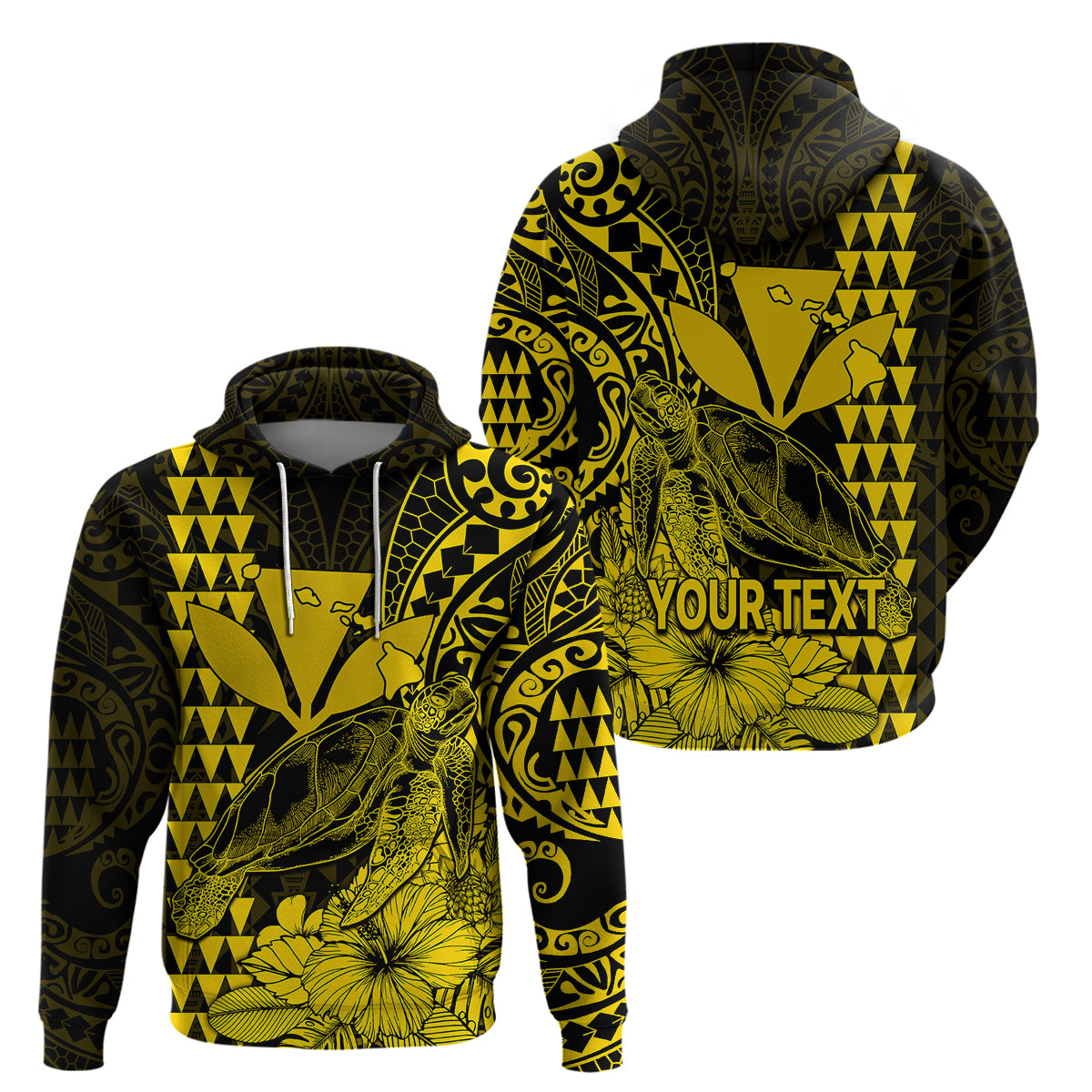 Custom Kakau Polynesian Tribal Hawaiian Turtle with Kanaka Maoli Yellow Hoodie LT9 Pullover Hoodie Yellow - Polynesian Pride