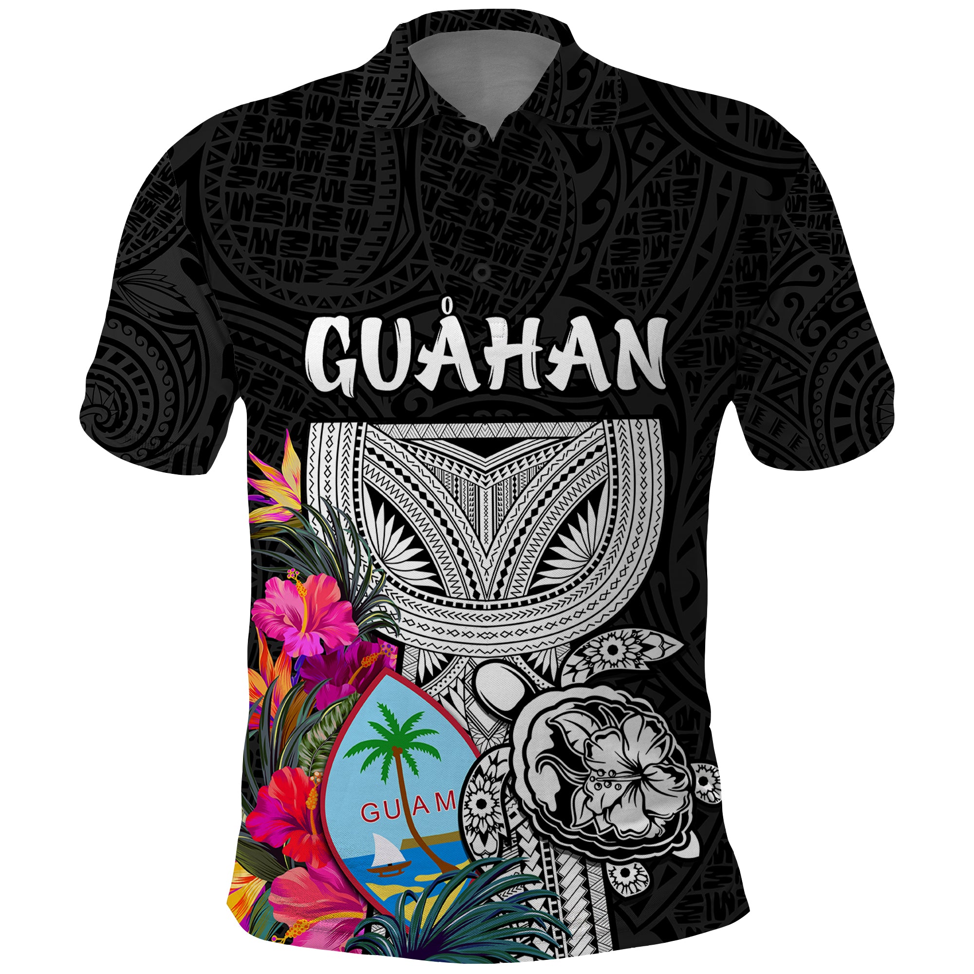 Guam Tribal Latte Stone Tropical Polo Shirt LT9 Black - Polynesian Pride