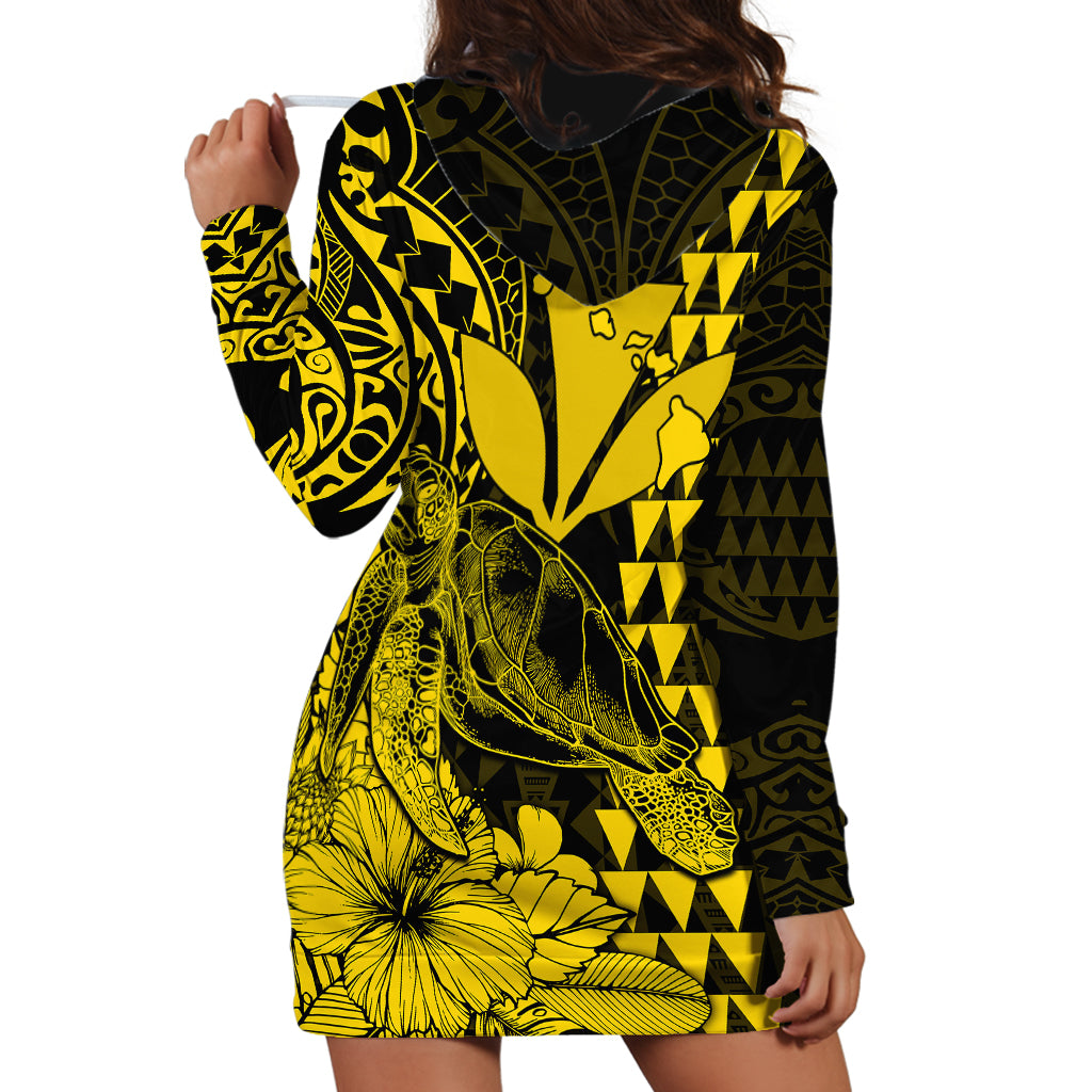 Kakau Polynesian Tribal Hawaiian Turtle with Kanaka Maoli Yellow Hoodie Dress LT9 - Polynesian Pride
