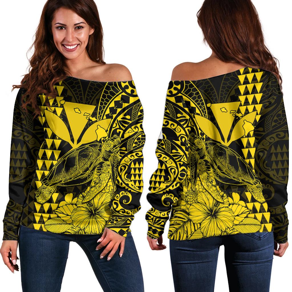 Kakau Polynesian Tribal Hawaiian Turtle with Kanaka Maoli Yellow Off Shoulder Sweater LT9 Women Yellow - Polynesian Pride