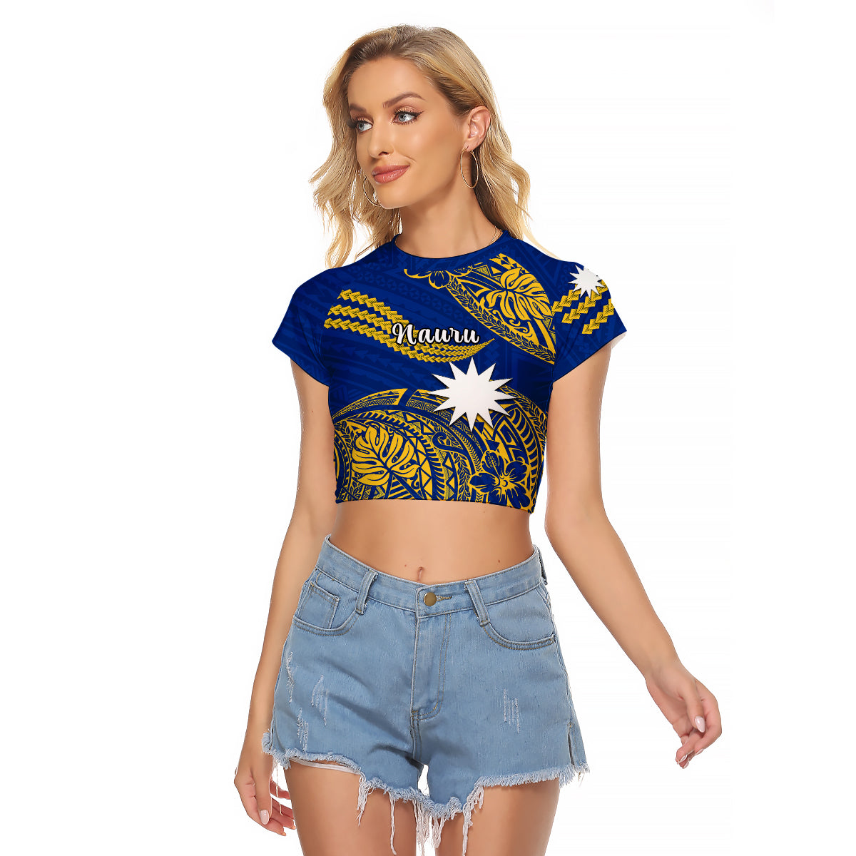 (Custom Personalised) Nauru Polynesian Hibiscus Naoero Flag Color Raglan Cropped T Shirt LT14 Female Blue - Polynesian Pride